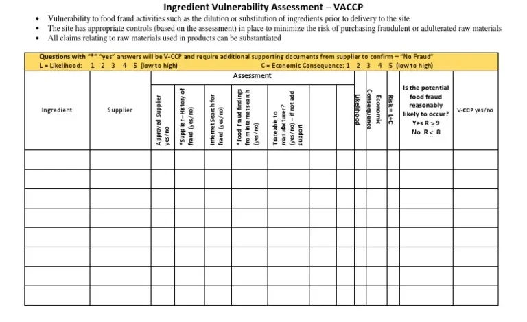 food fraud vulnerability assessment template